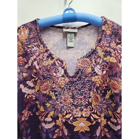 Catherines Womens Tank Top Size 0X Purple Floral Lace Neck Rhinestones Tunic - Picture 2 of 7